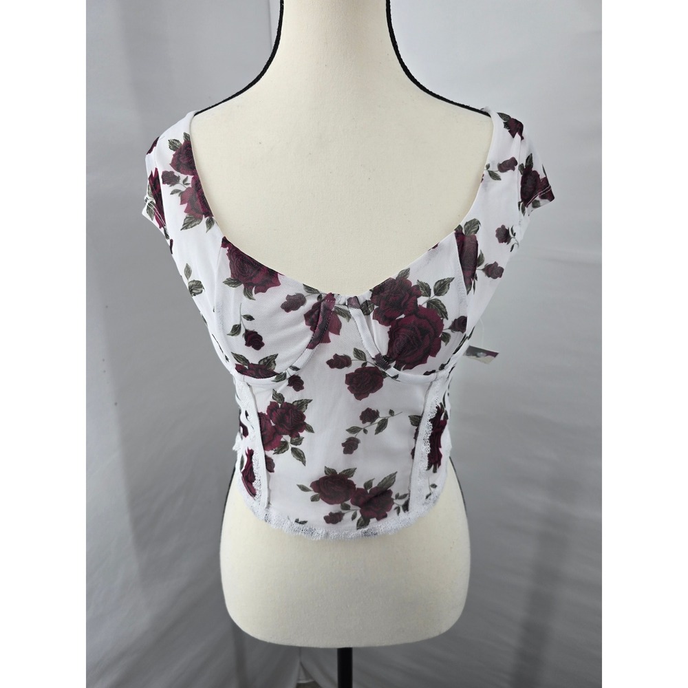 Derek Heart Floral Mesh Corset Top White Burgundy Rose Cap Sleeve‎ Cutout Back M